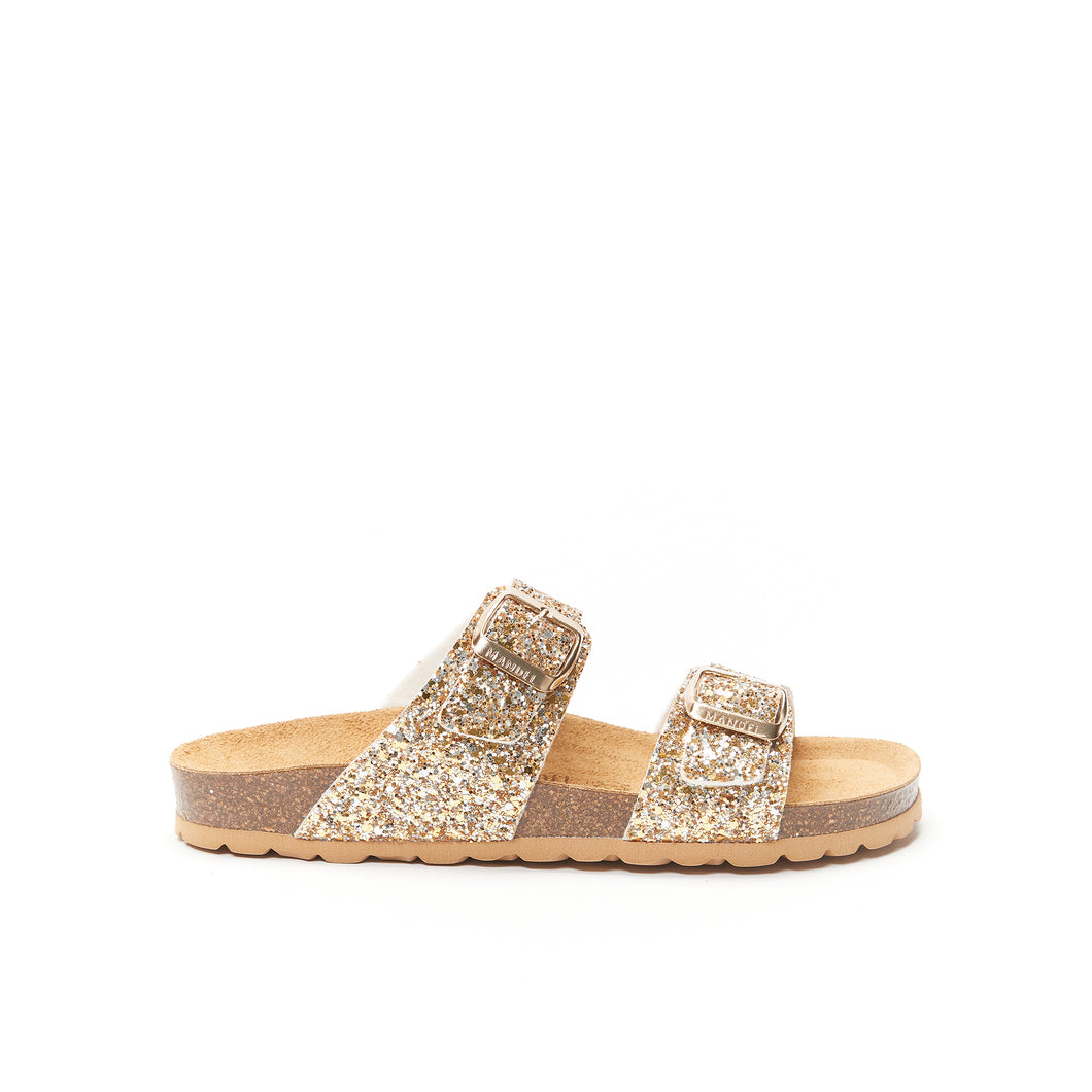 Gold two-strap sandals LORA made with glitter