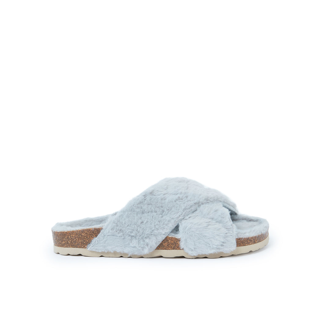 Grey crossover strap sabot LAIA made with faux fur